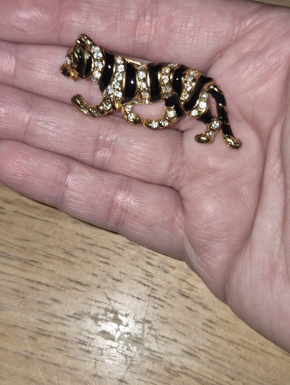 Vintage Enamel Black Striped Rhinestone Tiger Brooch